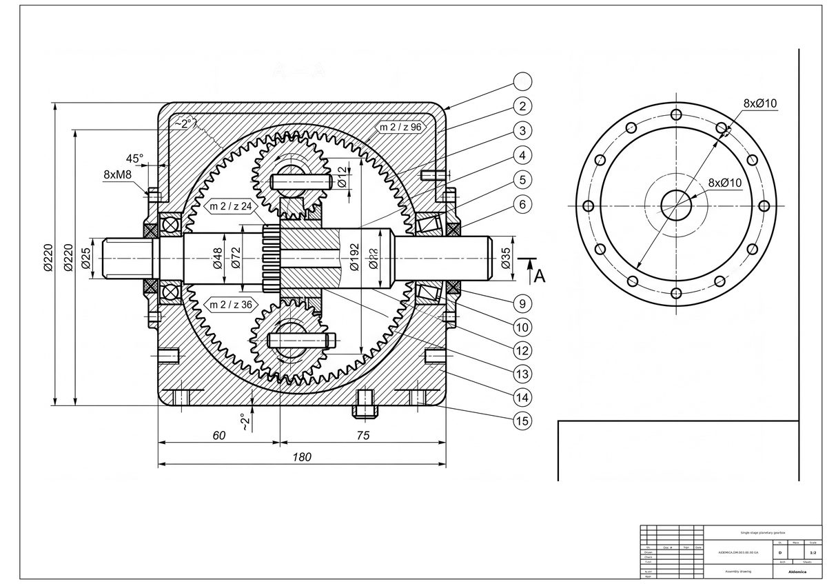 Drawing — planetary gearbox assembly, sheet 1 of 3